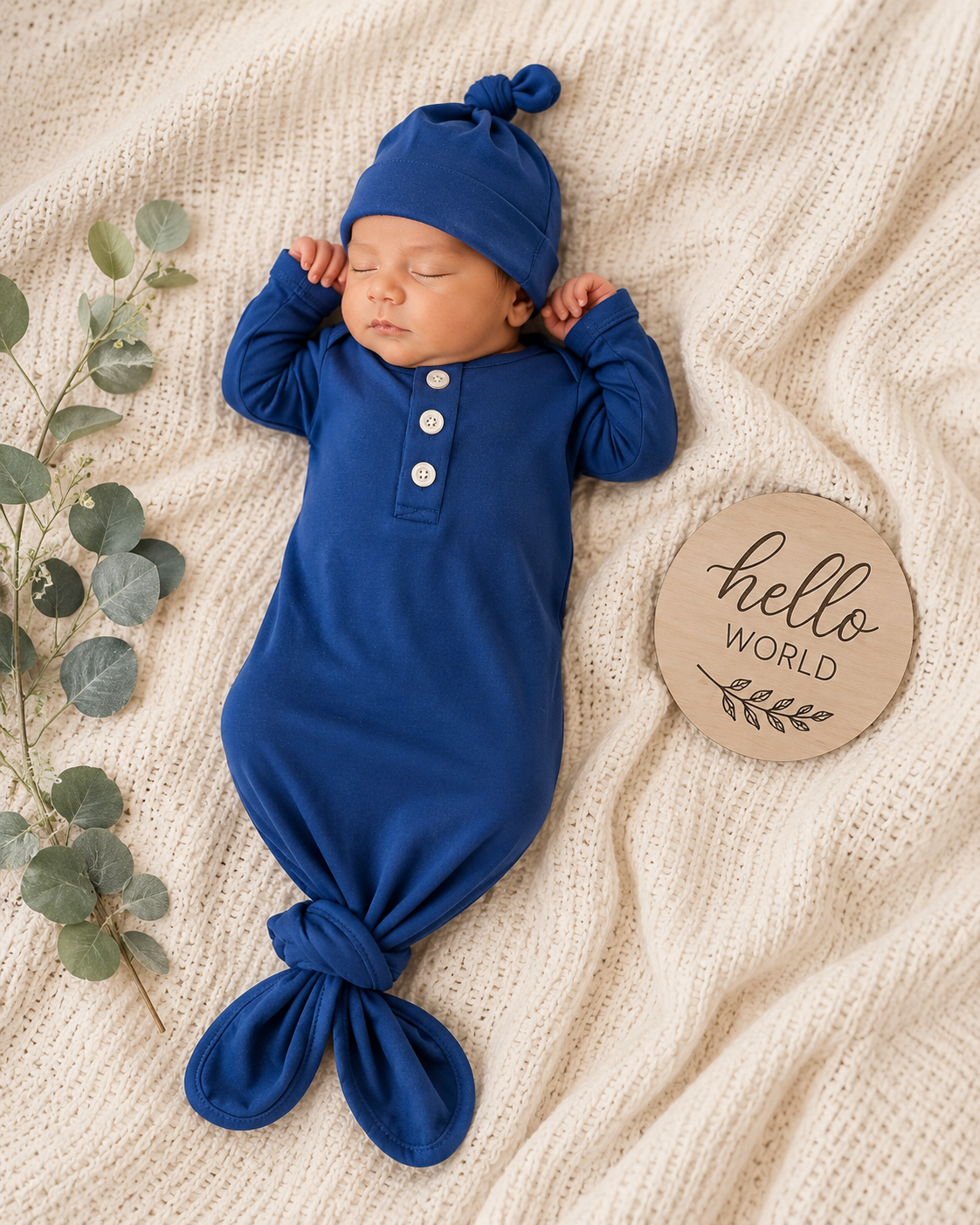 Knotted Baby Gown and Hat Set (Newborn - 3 mo.) - Navy Blue Baby in Styles