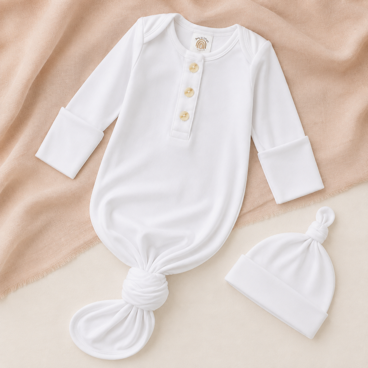 White Knotted Gown and Hat Set