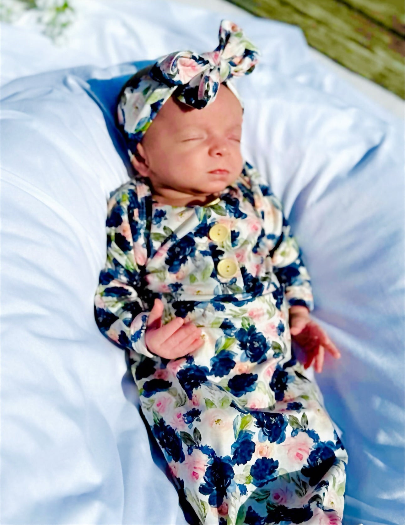 Blue garden knotted gown and matching headband set Baby in Styles