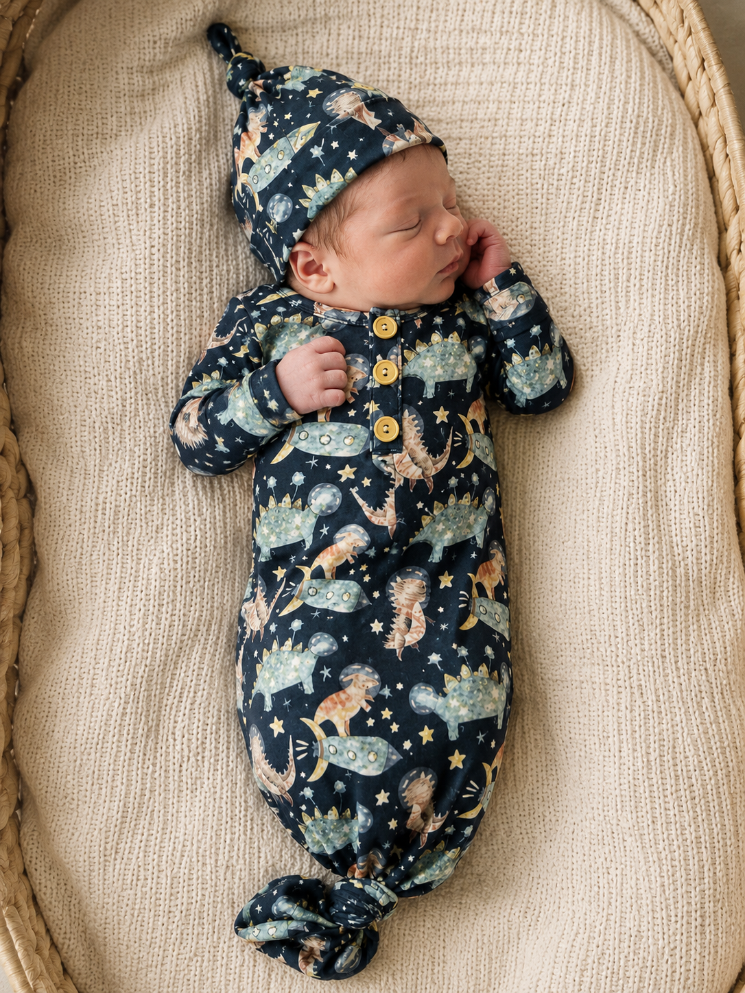 Dino Astronaut knotted gown and hat set 0-3mo