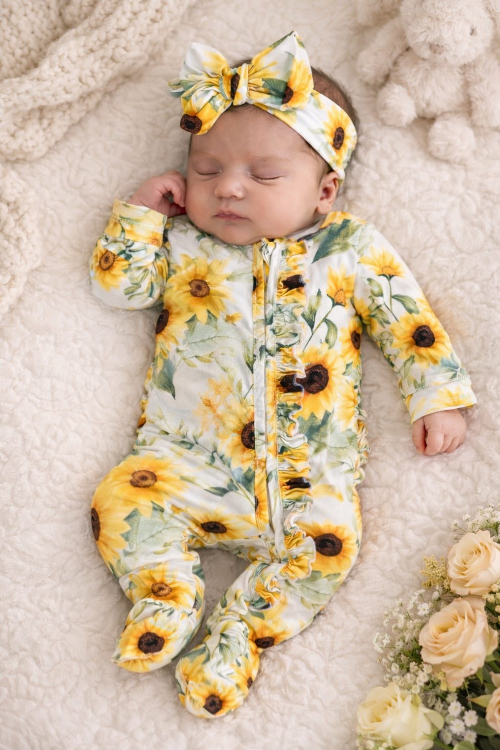 Sunflowers ruffle footie and Headband set Baby in Styles