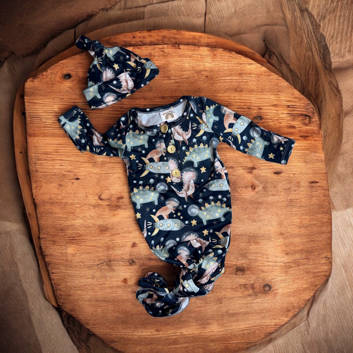 Dino Astronaut knotted gown and hat set Baby in Styles