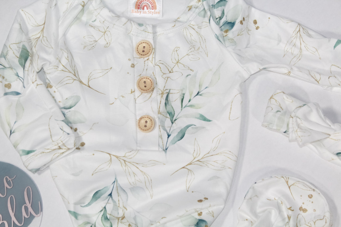 Knotted Baby Gown & Bow set, Eucalyptus-print (Newborn-3 Months Baby in Styles