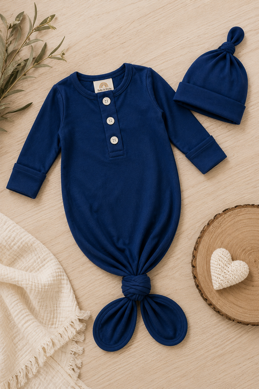 Knotted Baby Gown and Hat Set (Newborn - 3 mo.) - Navy Blue Baby in Styles