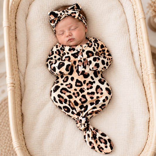 Ultra soft Leopard knotted gown and headband set