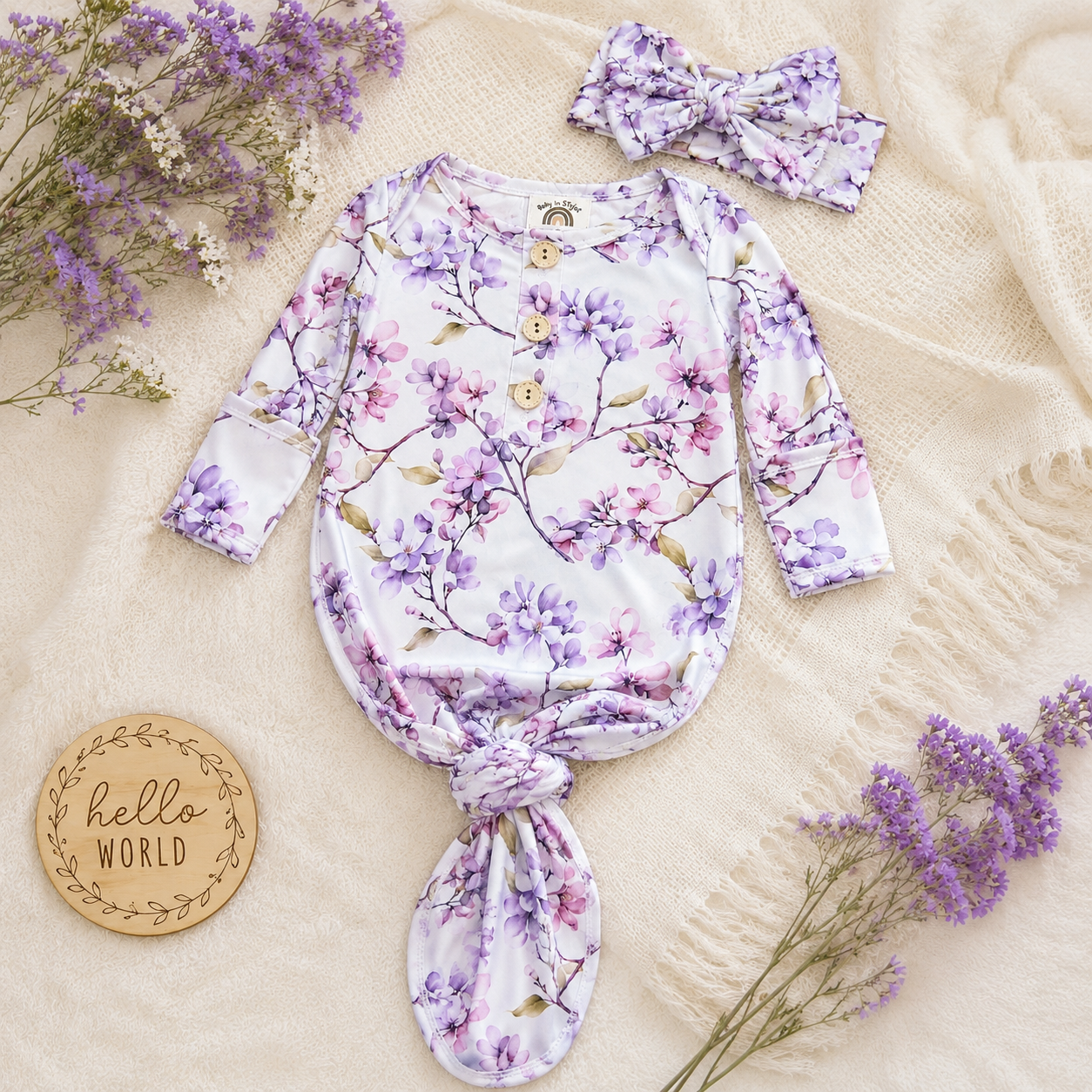 Newborn Floral Knotted Gown & Bow Headband Set | Soft Baby Girl Coming Home Outfit | Hospital Outfit | Newborn Photography Outfit | Baby Shower Gift