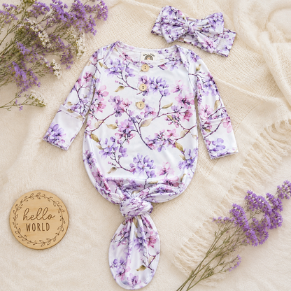 Newborn Floral Knotted Gown & Bow Headband Set | Soft Baby Girl Coming Home Outfit | Hospital Outfit | Newborn Photography Outfit | Baby Shower Gift