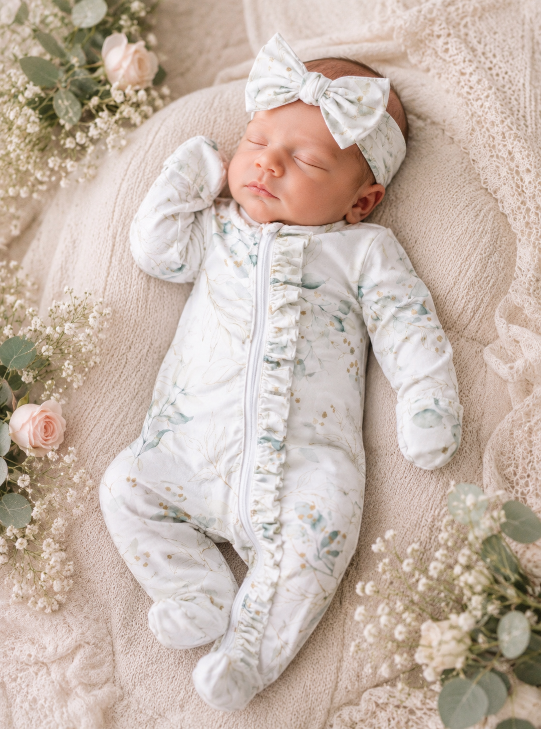 Eucalyptus Ruffle Newborn Footie & Headband Set | Baby Girl Zipper Sleeper | Coming Home Outfit | Hospital Outfit | Newborn Gift Baby in Styles
