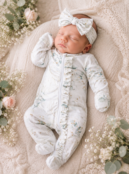 Eucalyptus Ruffle Newborn Footie & Headband Set | Baby Girl Zipper Sleeper | Coming Home Outfit | Hospital Outfit | Newborn Gift Baby in Styles