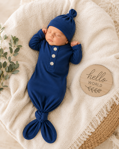 Knotted Baby Gown and Hat Set (Newborn - 3 mo.) - Navy Blue Baby in Styles