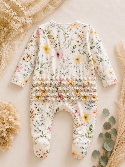 Garden Medley ruffle footie and matching headband set (newborn) Baby in Styles