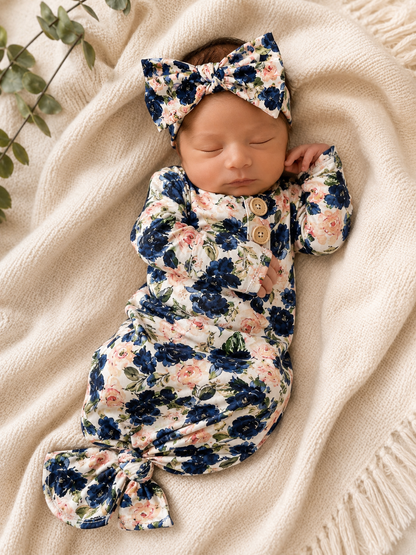 Blue garden knotted gown and matching headband set 0-3mo Baby in Styles