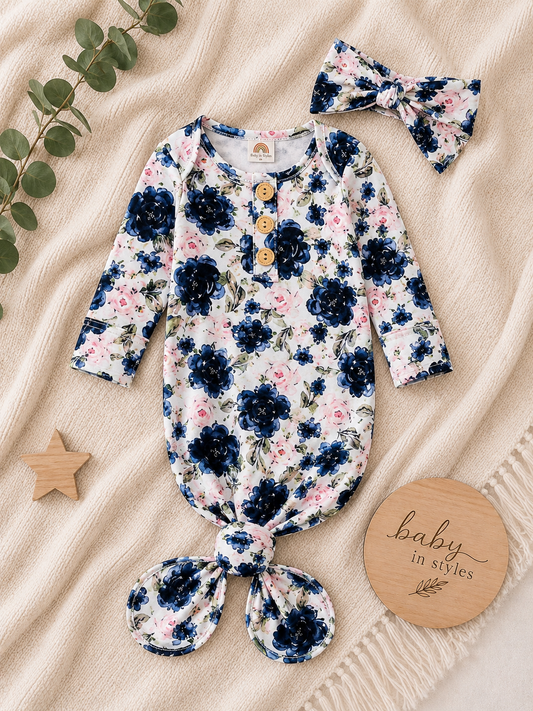 Blue garden knotted gown and matching headband set 0-3mo Baby in Styles