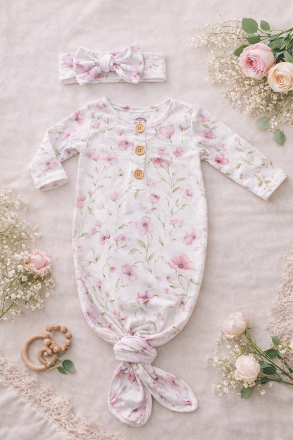 Dainty Flowers in Pink Knotted Baby Gown & Bow Headband | Newborn Floral Sleep Gown | Baby Girl Coming Home Outfit | Baby Shower Gift