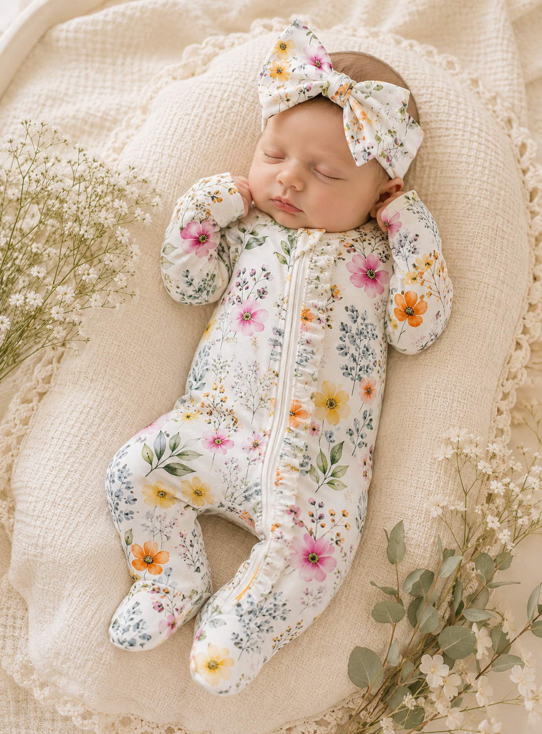 Garden Medley ruffle footie and matching headband set (newborn) Baby in Styles