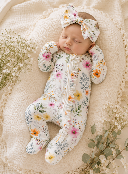 Garden Medley ruffle footie and matching headband set (newborn) Baby in Styles