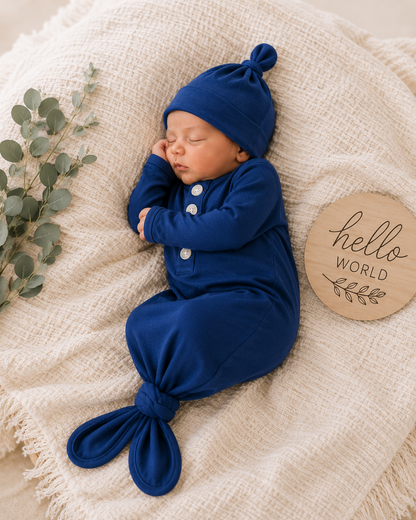 Knotted Baby Gown and Hat Set (Newborn - 3 mo.) - Navy Blue Baby in Styles