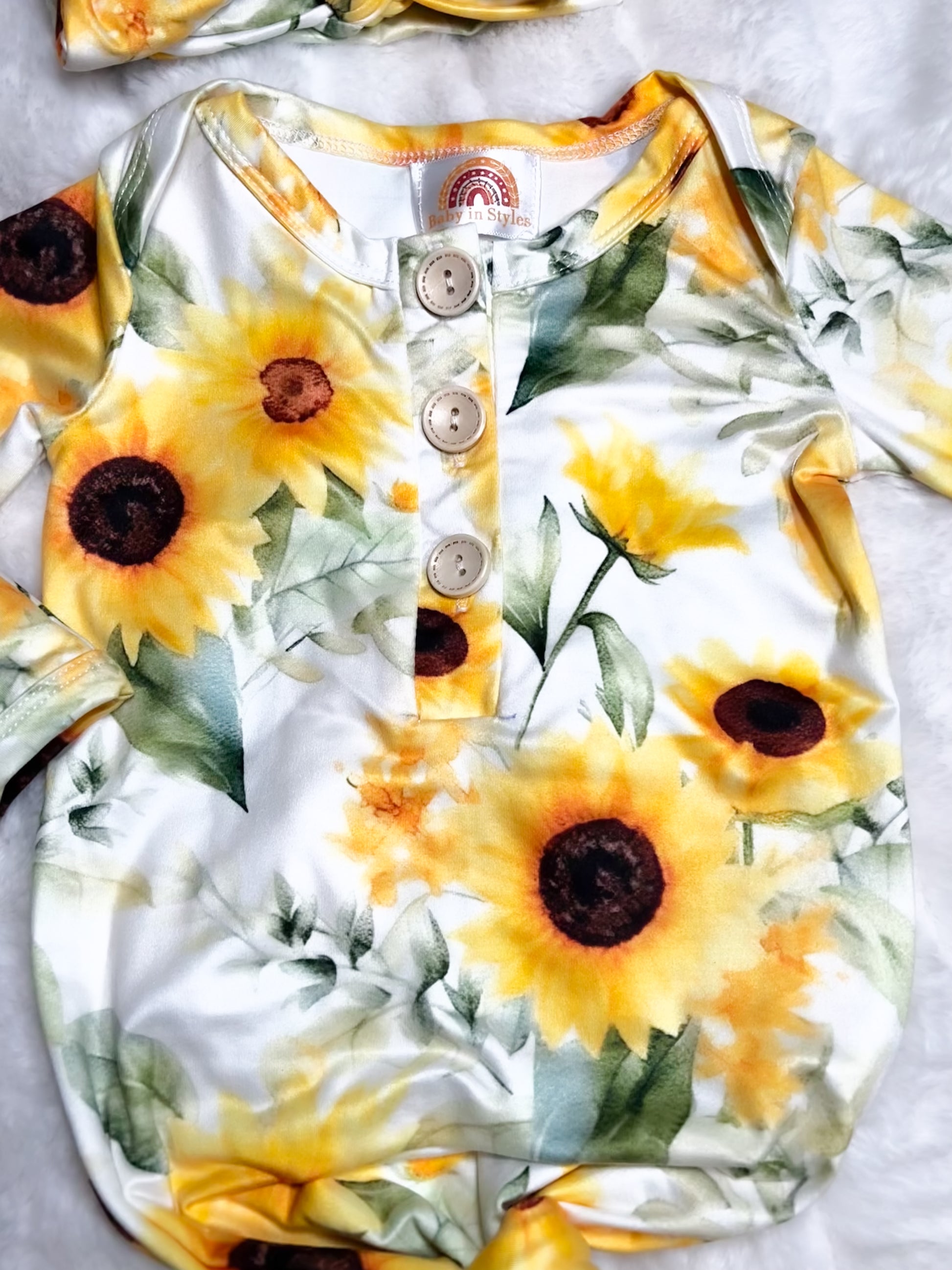 Sunflower’s knotted gown and matching headband set Baby in Styles
