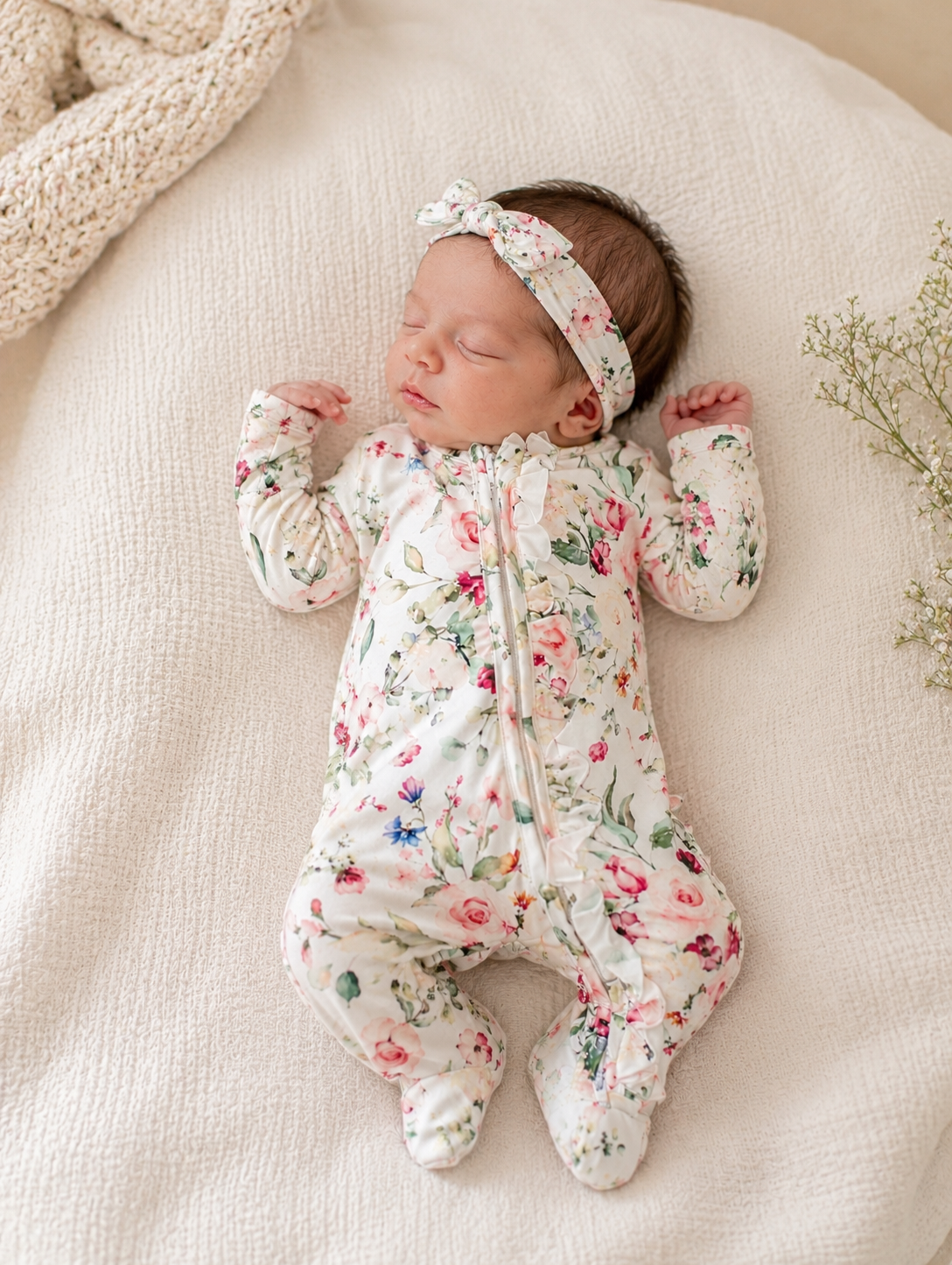 Newborn-Peony gardens ruffle footie and Headband set