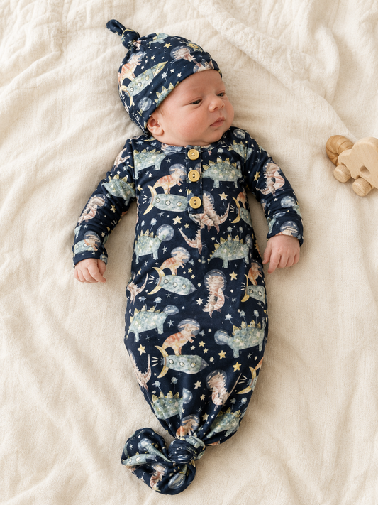 Dino Astronaut knotted gown and hat set 0-3mo