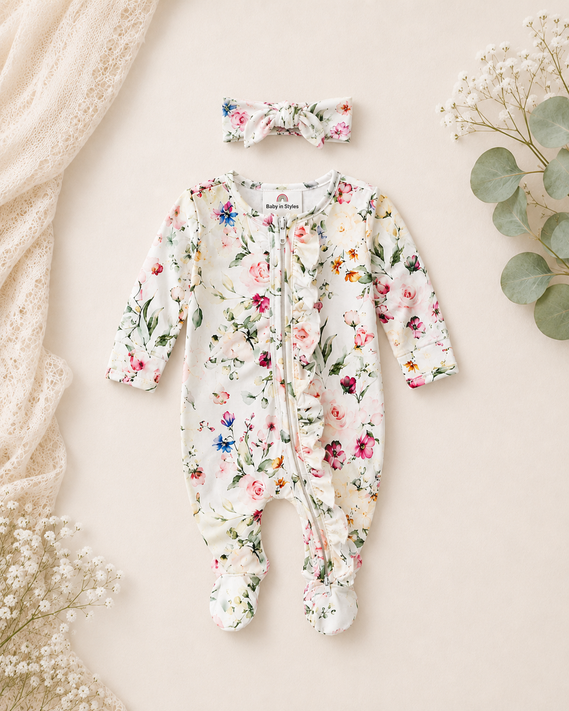 Newborn-Peony gardens ruffle footie and Headband set Baby in Styles