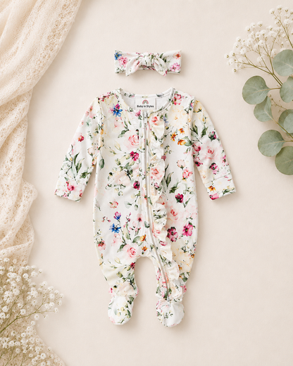 Newborn-Peony gardens ruffle footie and Headband set Baby in Styles