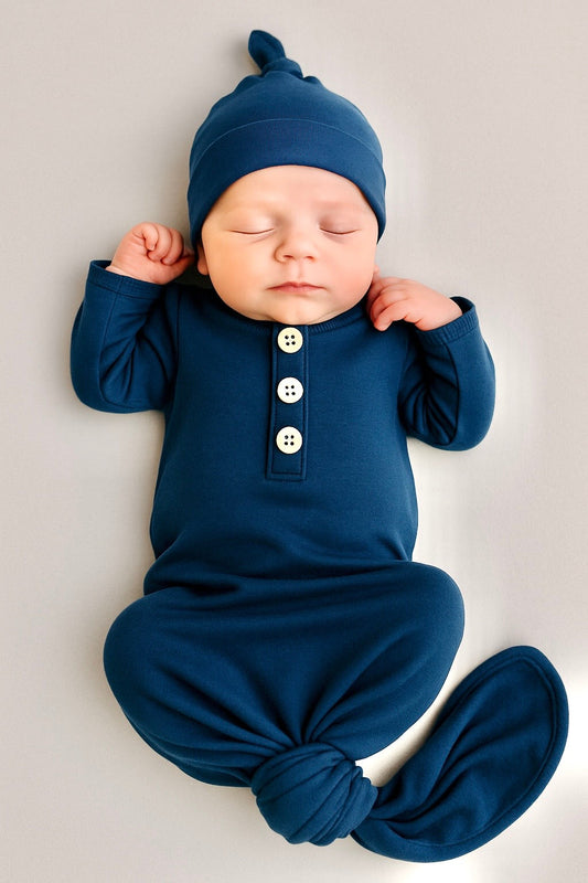 Knotted Baby Gown and Hat Set (Newborn - 3 mo.) - Navy Blue Baby in Styles