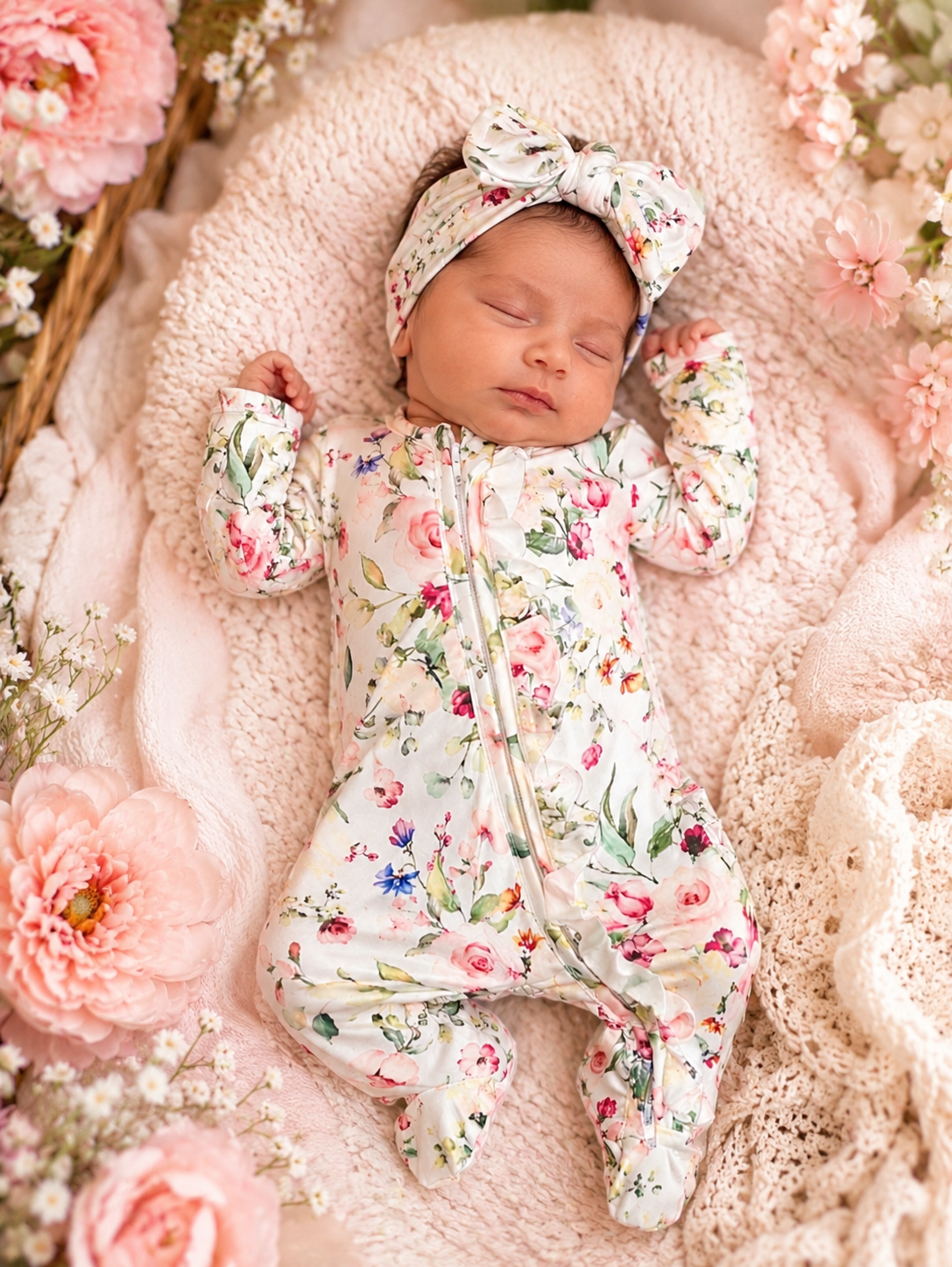 Newborn-Peony gardens ruffle footie and Headband set