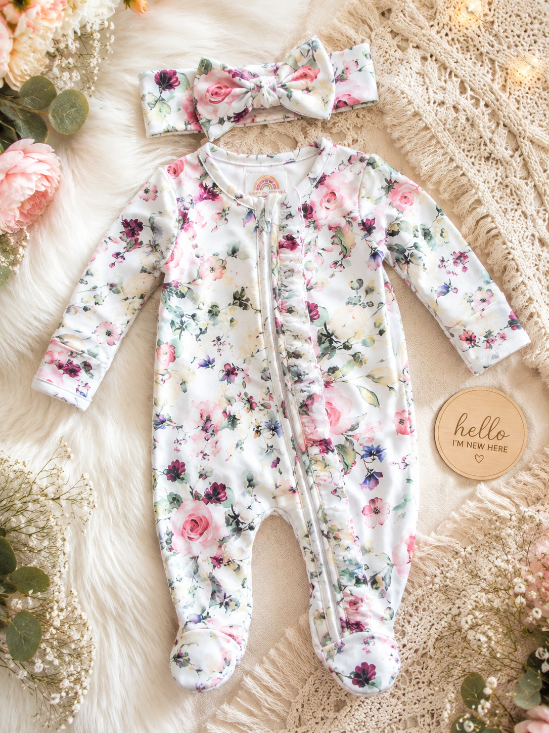 Peony gardens ruffle footie and Headband set. Baby in Styles