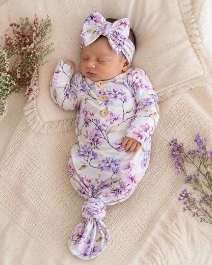 Newborn Floral Knotted Gown & Bow Headband Set | Soft Baby Girl Coming Home Outfit | Hospital Outfit | Newborn Photography Outfit | Baby Shower Gift