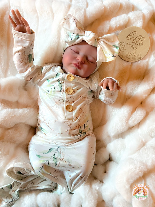 Knotted Baby Gown & Bow set, Eucalyptus-print (Newborn-3 Months Baby in Styles