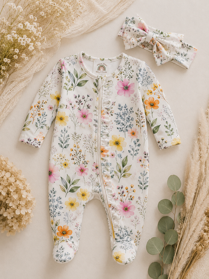 Garden Medley ruffle footie and matching headband set (newborn) Baby in Styles