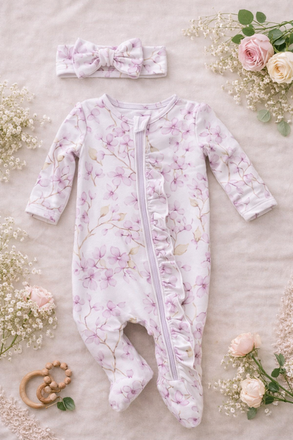 Dainty ruffle footie newborn and matching headband set Baby in Styles