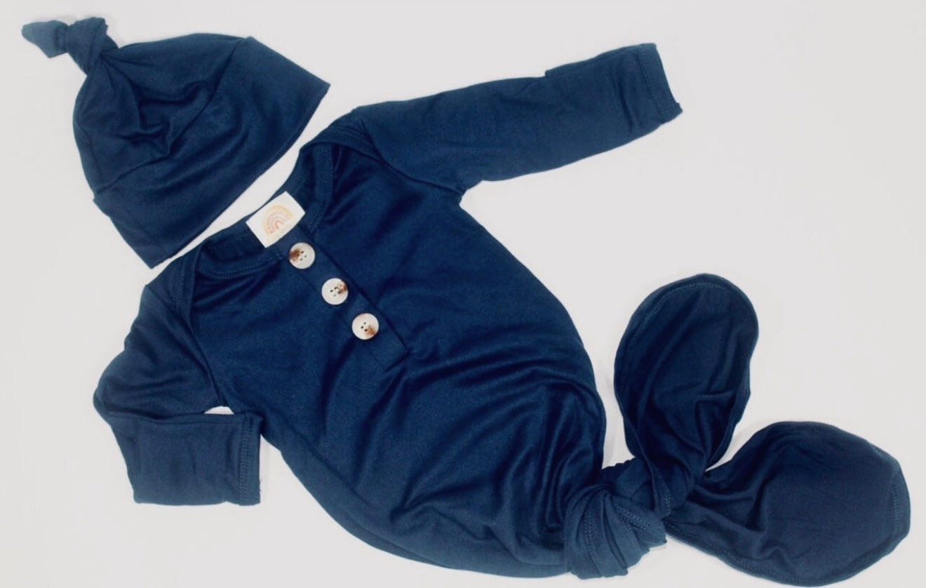 Knotted Baby Gown and Hat Set (Newborn - 3 mo.) - Navy Blue Baby in Styles