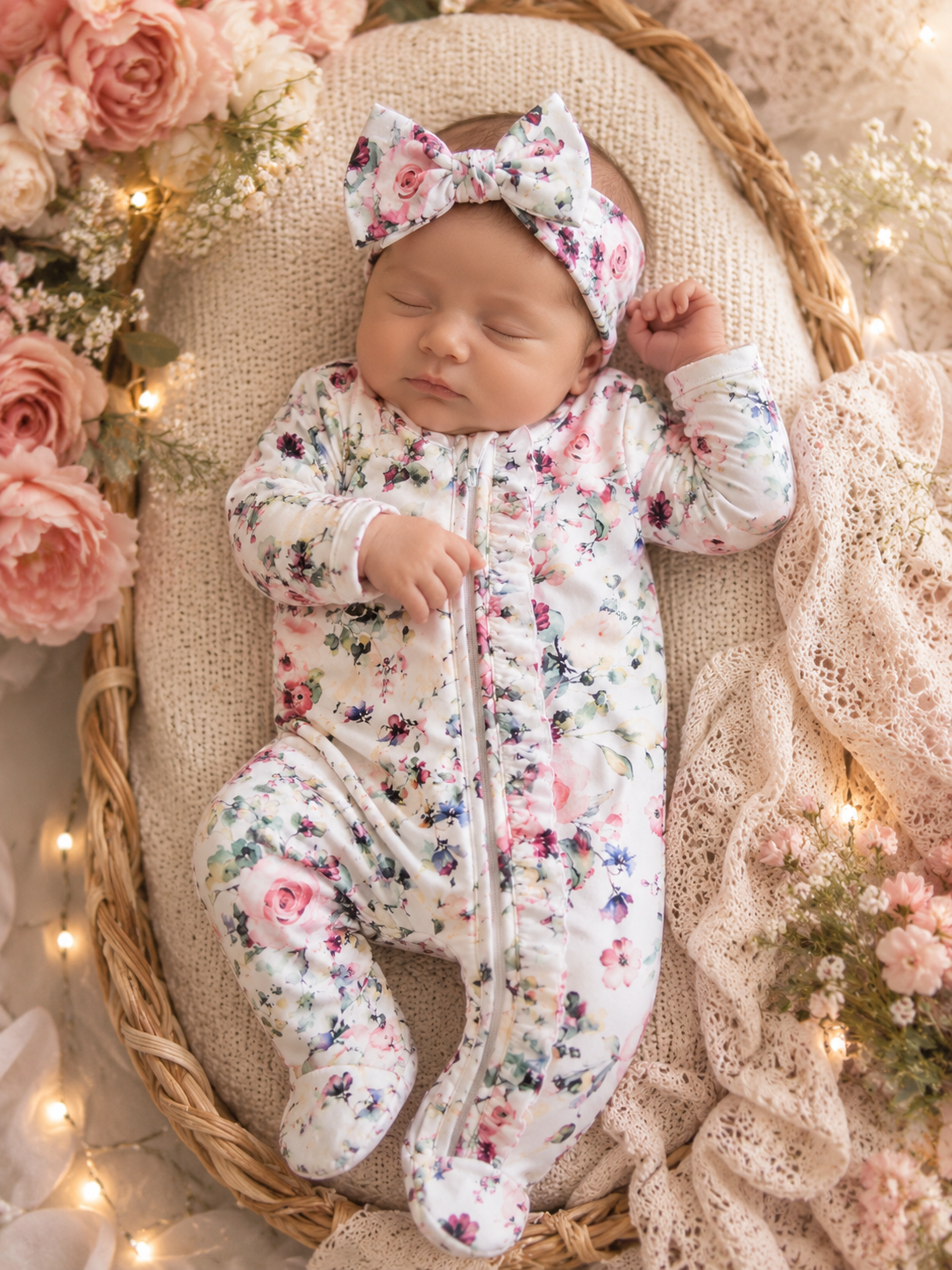 Newborn-Peony gardens ruffle footie and Headband set Baby in Styles