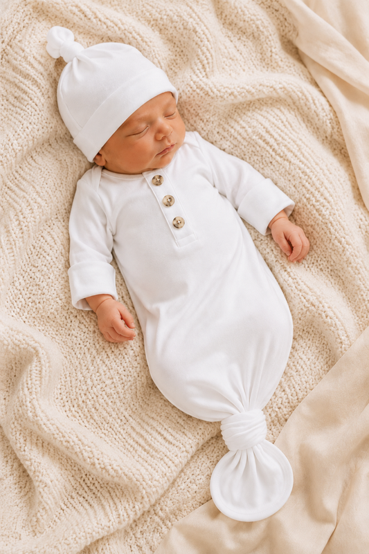 White Knotted Gown and Hat Set