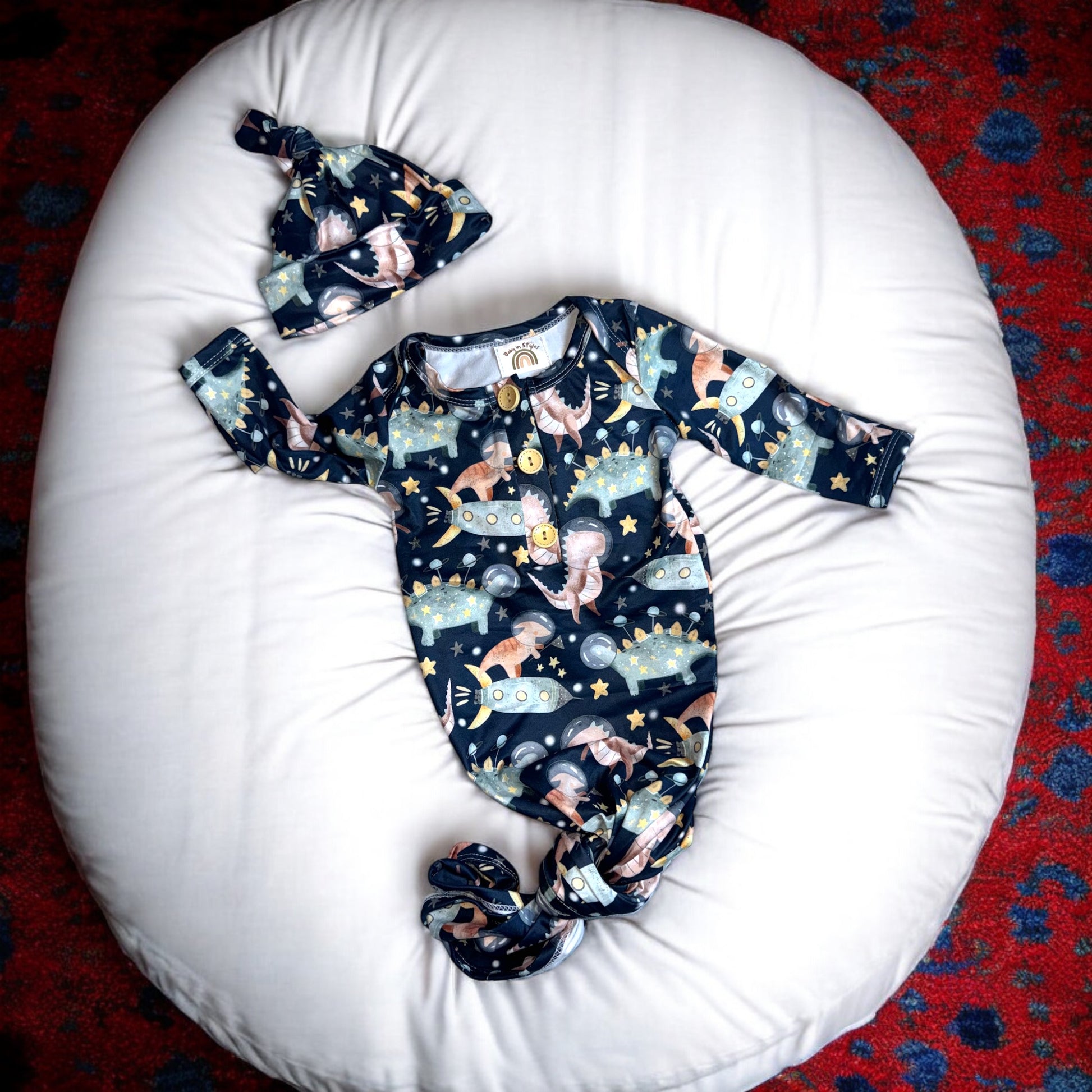 Dino Astronaut knotted gown and hat set Baby in Styles