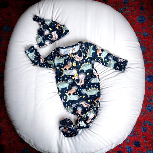 Dino Astronaut knotted gown and hat set Baby in Styles