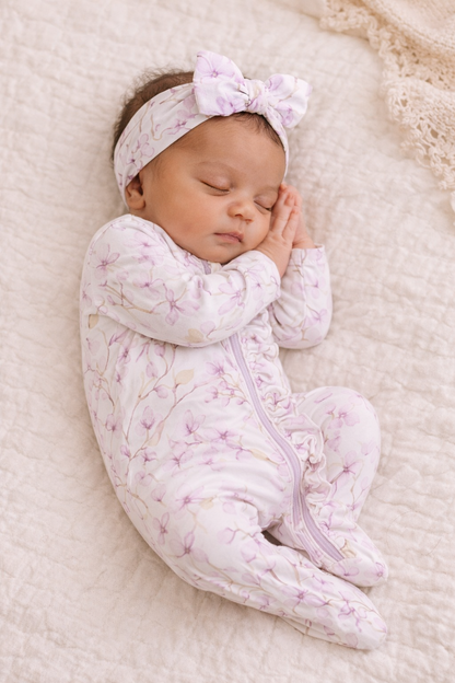 Dainty ruffle footie newborn and matching headband set Baby in Styles