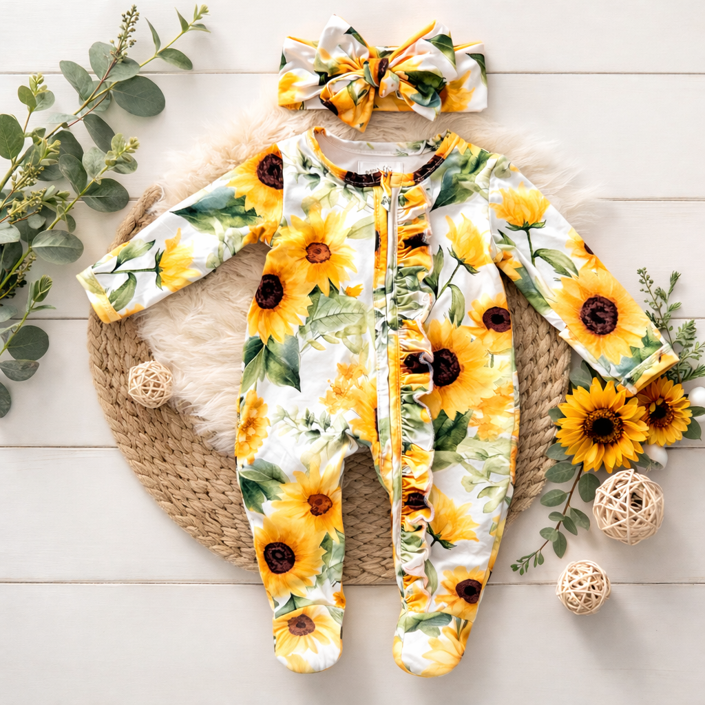 Sunflowers ruffle footie and Headband set Baby in Styles