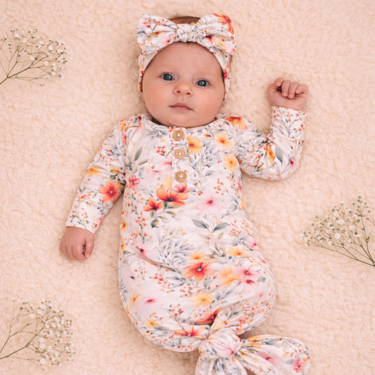 Garden Medley knotted gown and headband set. Baby in Styles