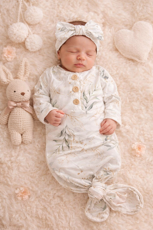 Knotted Baby Gown & Bow set, Eucalyptus-print (Newborn-3 Months Baby in Styles