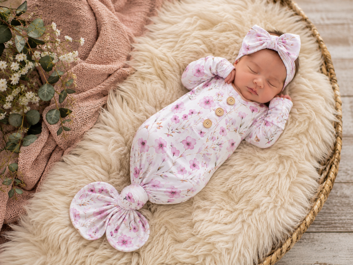 Dainty Flowers in Pink Knotted Baby Gown & Bow Headband | Newborn Floral Sleep Gown | Baby Girl Coming Home Outfit | Baby Shower Gift