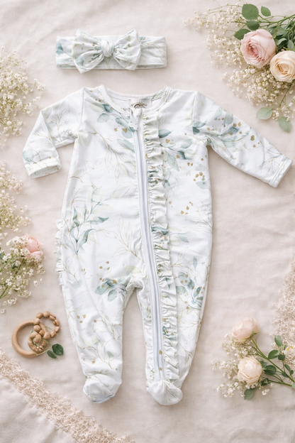 Eucalyptus Ruffle Newborn Footie & Headband Set | Baby Girl Zipper Sleeper | Coming Home Outfit | Hospital Outfit | Newborn Gift Baby in Styles