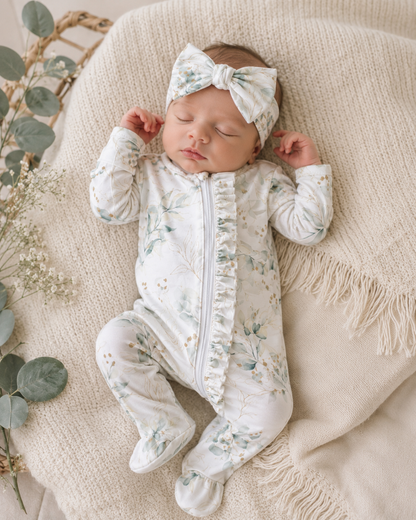 Eucalyptus Ruffle Newborn Footie & Headband Set | Baby Girl Zipper Sleeper | Coming Home Outfit | Hospital Outfit | Newborn Gift Baby in Styles