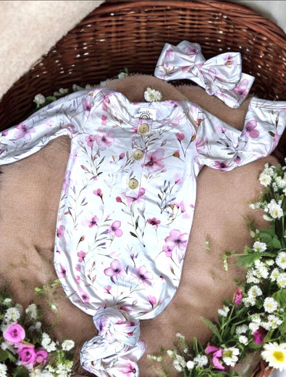 Dainty Flowers in Pink Knotted Baby Gown & Bow Headband | Newborn Floral Sleep Gown | Baby Girl Coming Home Outfit | Baby Shower Gift