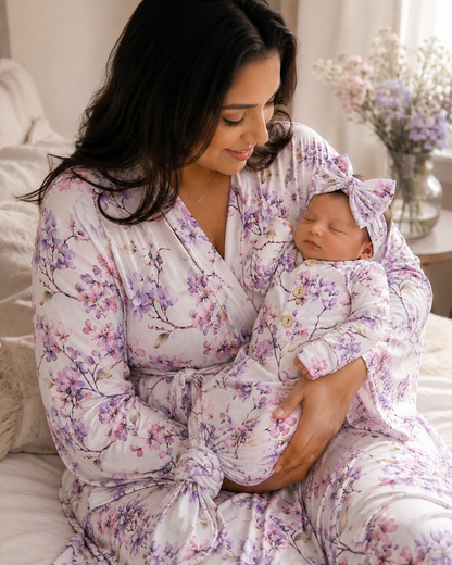 Newborn Floral Knotted Gown & Bow Headband Set | Soft Baby Girl Coming Home Outfit | Hospital Outfit | Newborn Photography Outfit | Baby Shower Gift