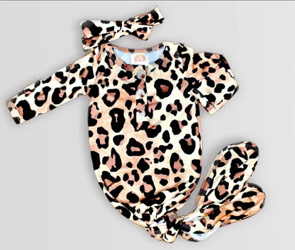 Ultra soft Leopard knotted gown and headband set