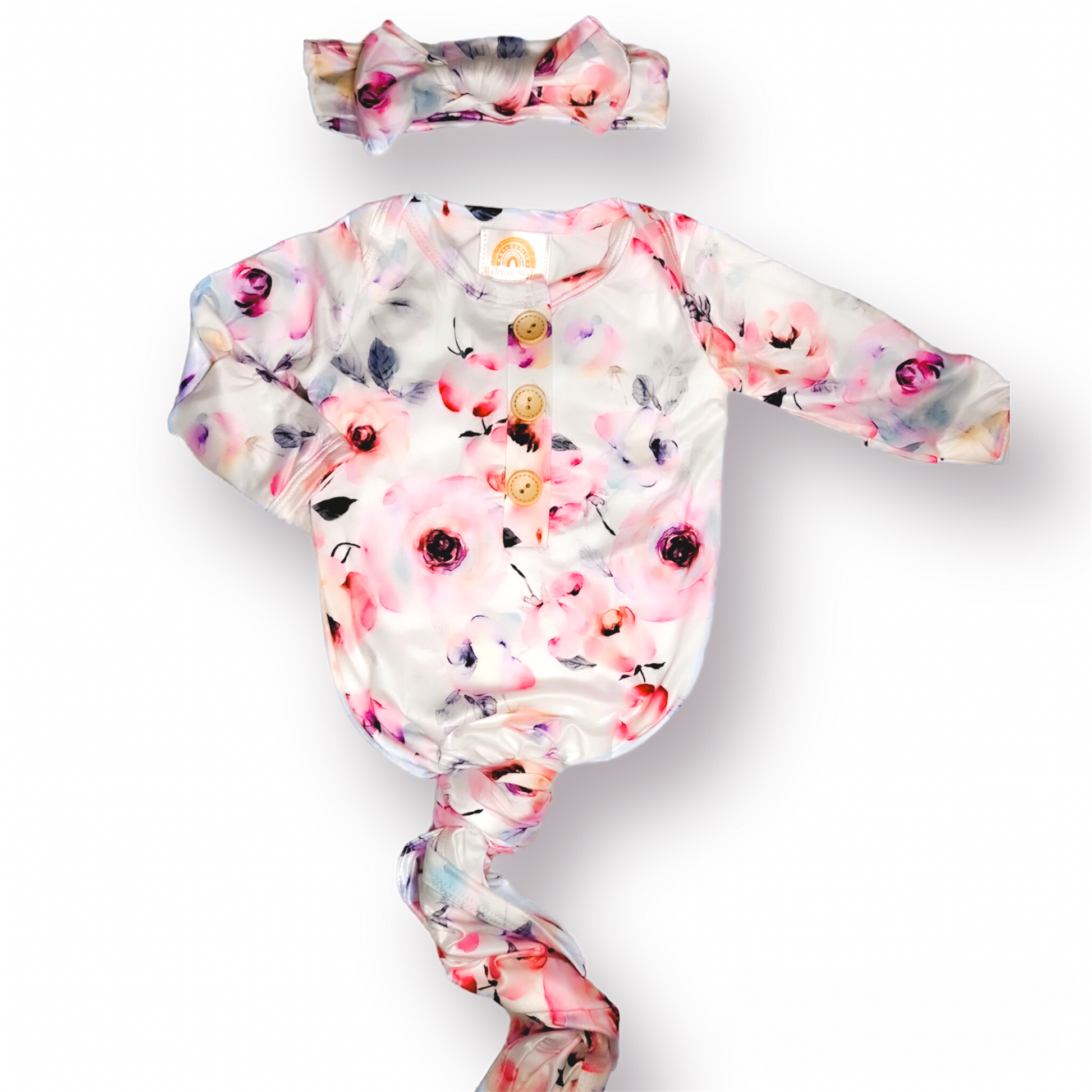 Baby in styles floral knotted gown and bow set Baby in Styles