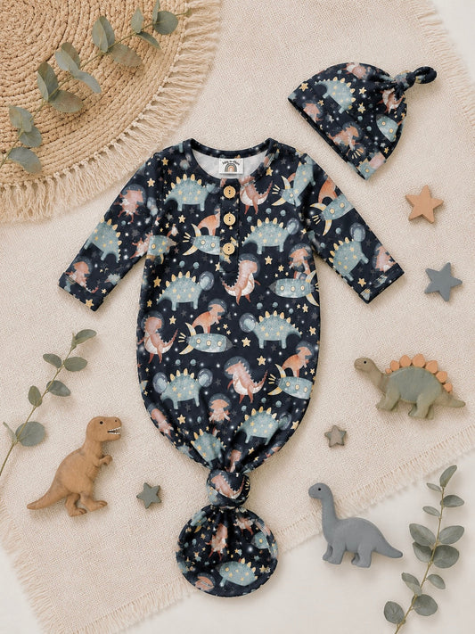 Dino Astronaut knotted gown and hat set 0-3mo Baby in Styles